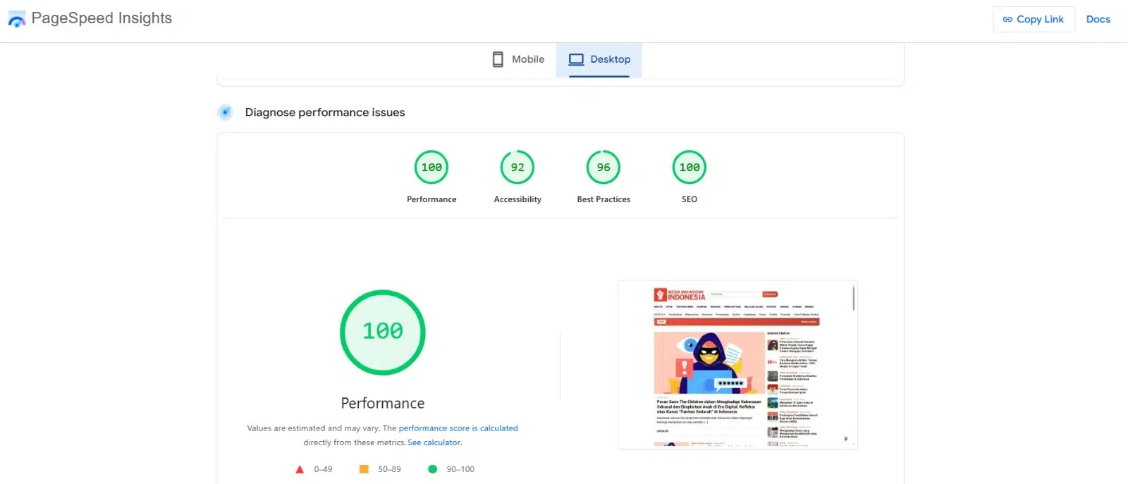 Kecepatan Website Media Mahasiswa versi Dekstop di Insight PageSpeed