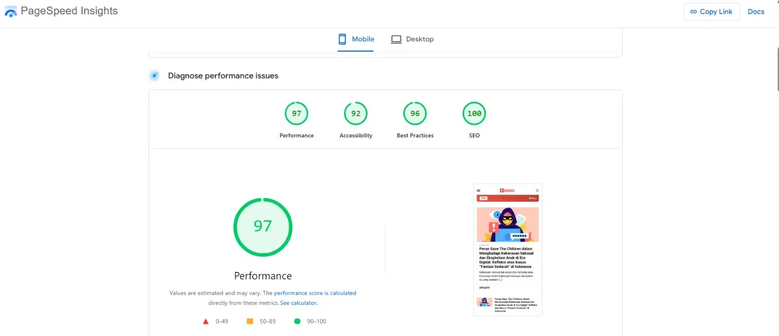 Kecepatan Website Media Mahasiswa versi Mobile