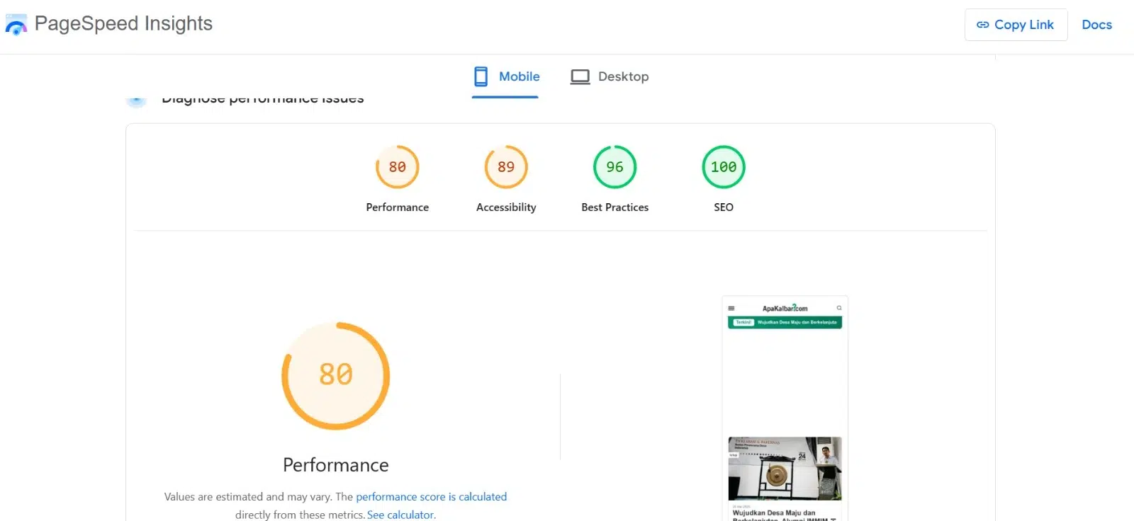 Score kecepatan website ApaKalbar.com di PageSpeed Insights (sebelum ditangani tim MMI)