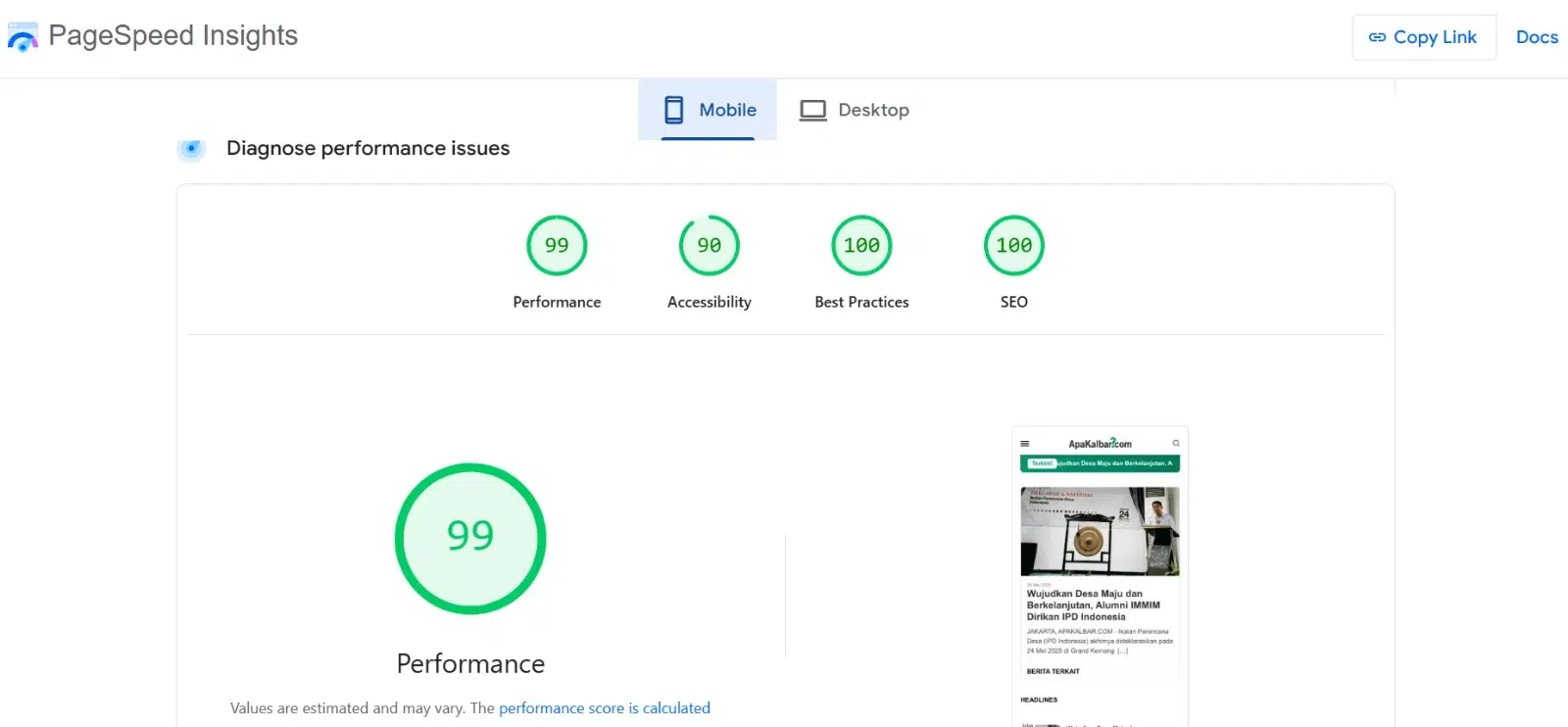 Score kecepatan website ApaKalbar.com di PageSpeed Insights (setelah ditangani tim MMI)
