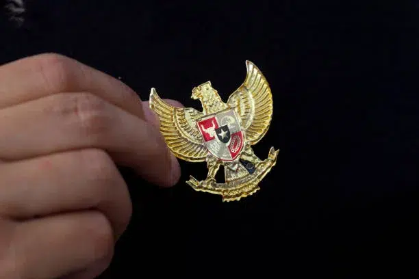Yogyakarta, Indonesia - 23 Mei 2021 : Bergandengan tangan dengan Garuda Pancasila pada pakaian, Simbol Nastional Indonesia. Hari kemerdekaan Indonesia 17 Agustus.