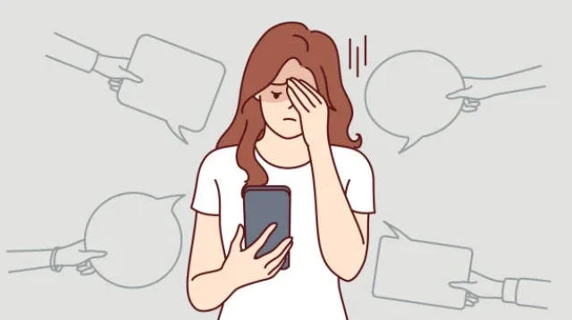 Wanita kesal dengan telepon menderita bullying dan kebencian di internet, menerima pesan ofensif