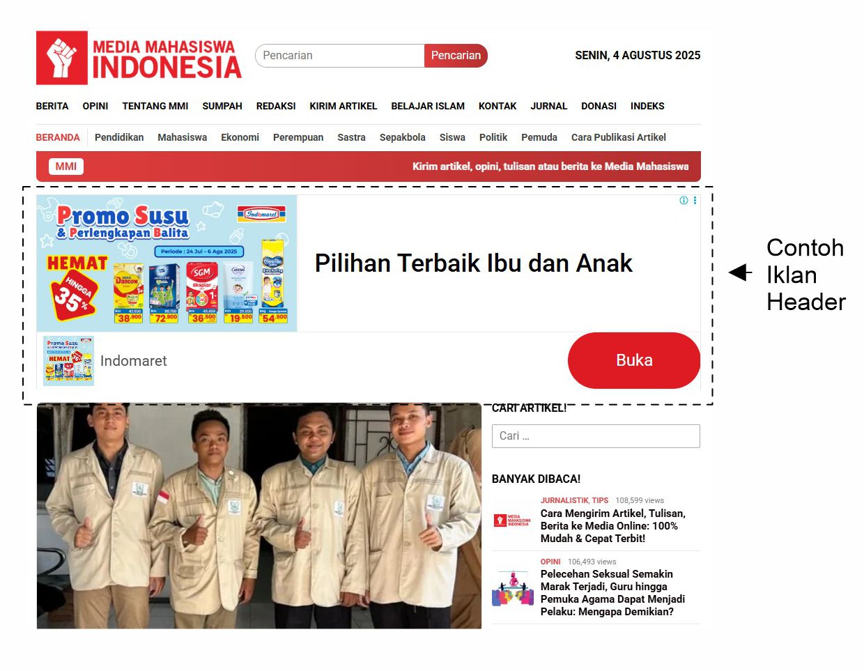 Contoh Pemasangan Iklan Banner pada Header Website Media Mahasiswa Indonesia