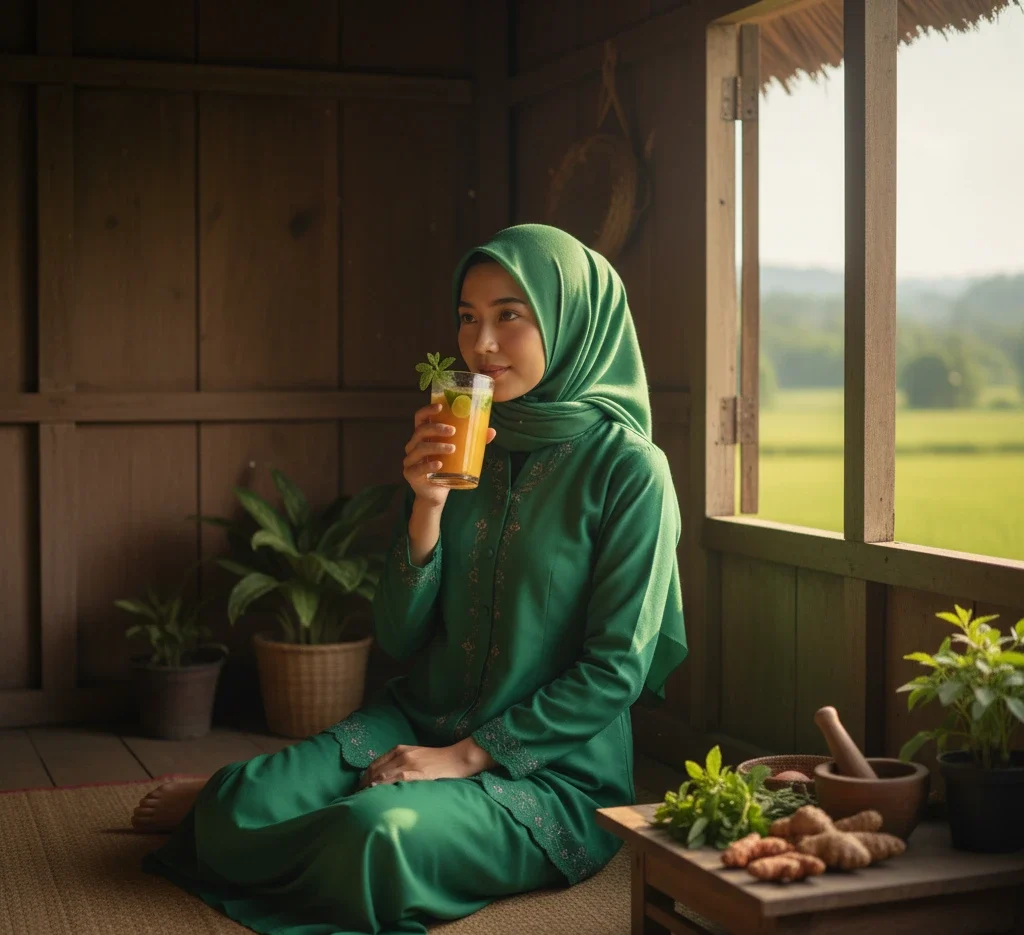Ilustrasi gadis desa yang senantiasa mengonsumsi minuman herbal agar tetap sehat dan cantik secara alami