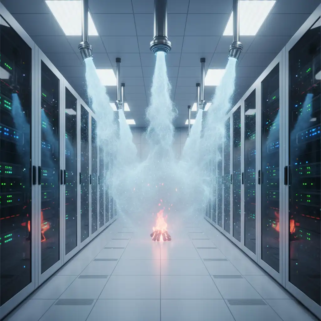 FM200 memadamkan api di ruang server tanpa merusak perangkat.