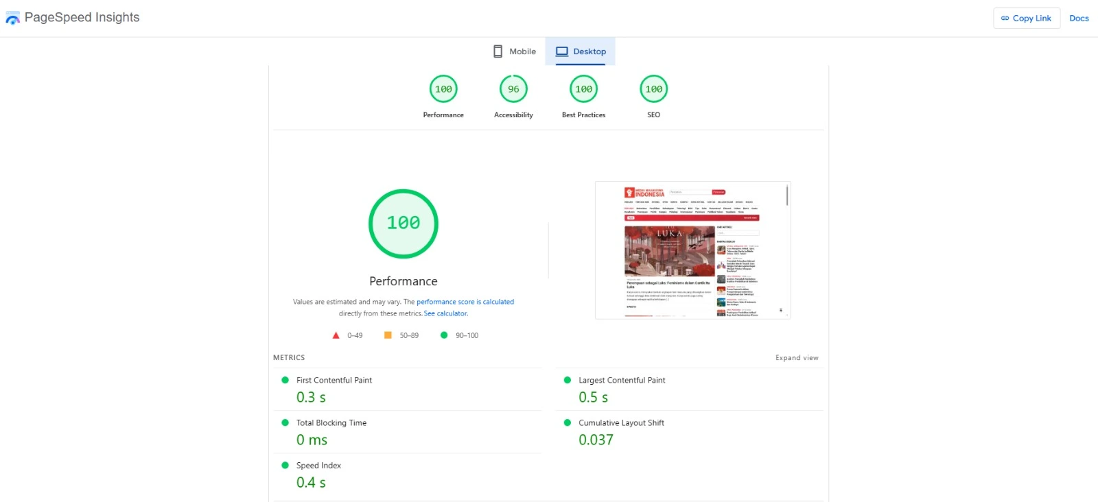 Hasil Google PageSpeed Insights Media Mahasiswa Indonesia versi DEKSTOP