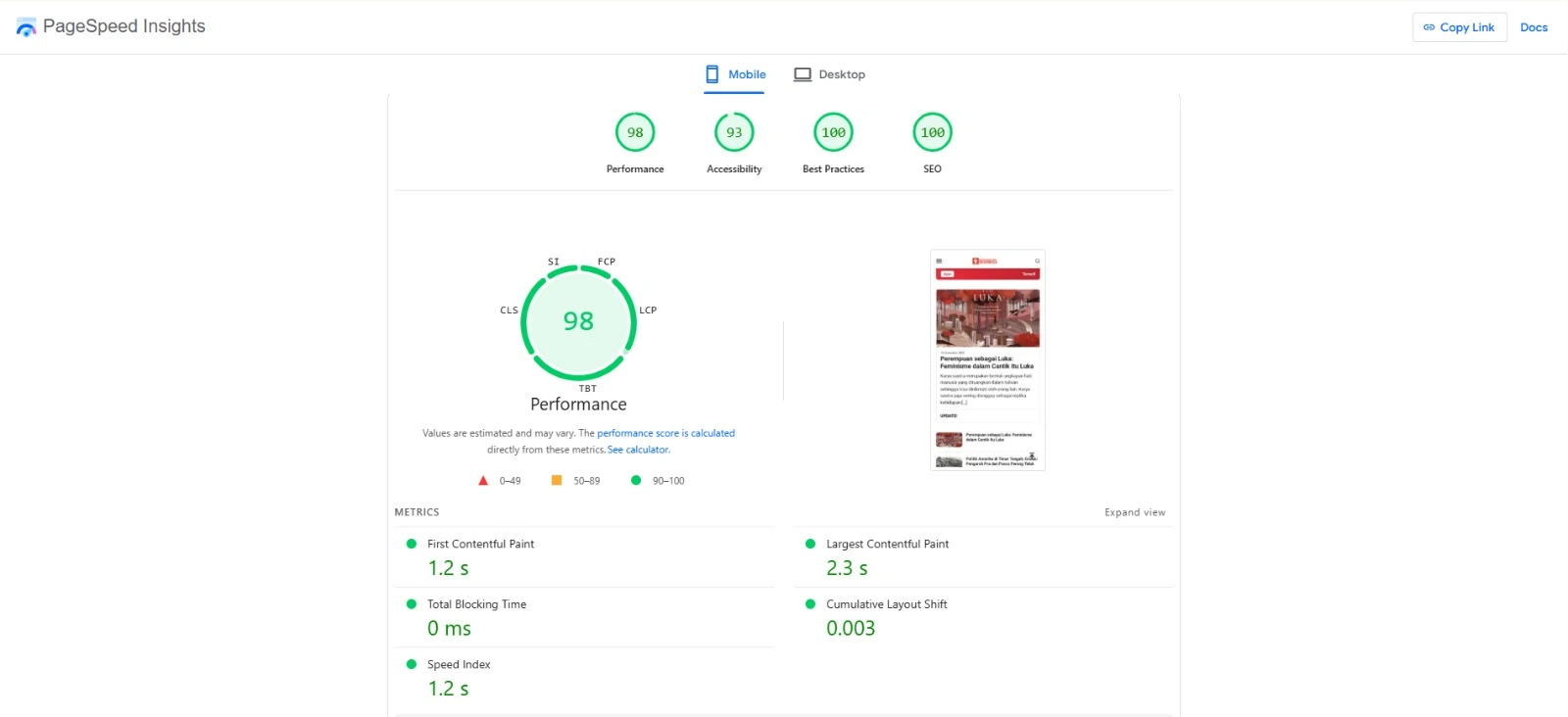 Hasil Google PageSpeed Insights Media Mahasiswa Indonesia versi MOBILE