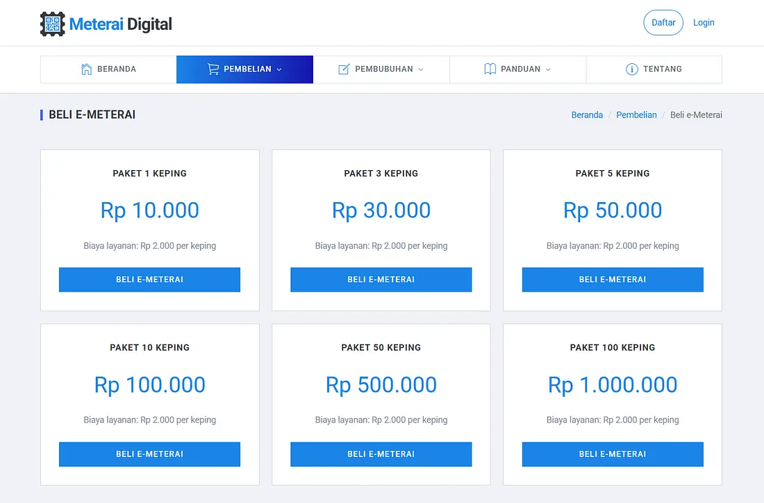 Opsi Paket Pembelian e-Meterai