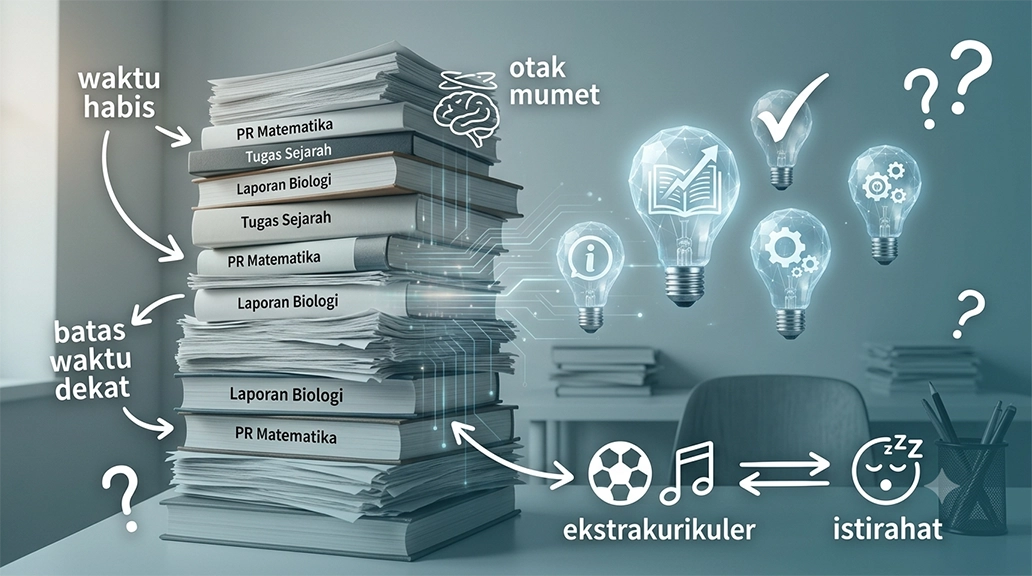 Tumpukan buku pelajaran dan berkas tugas sekolah yang menggambarkan tantangan beban tugas sekolah pada siswa.