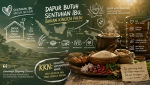Ilustrasi dapur nasional dan tata kelola pangan dengan simbol kepemimpinan perempuan