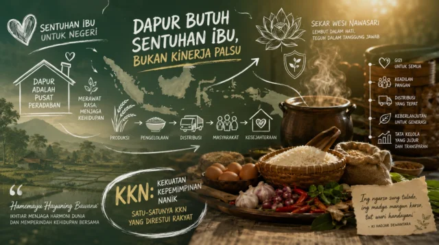 Ilustrasi dapur nasional dan tata kelola pangan dengan simbol kepemimpinan perempuan