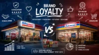 Ilustrasi perbandingan loyalitas merek pelanggan minimarket dalam persaingan ritel modern di era digital.