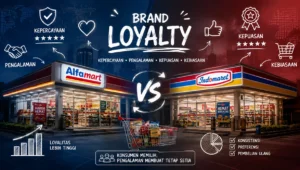 Ilustrasi perbandingan loyalitas merek pelanggan minimarket dalam persaingan ritel modern di era digital.