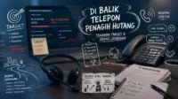 Ilustrasi meja kerja dan perangkat komunikasi penagih hutang dengan target