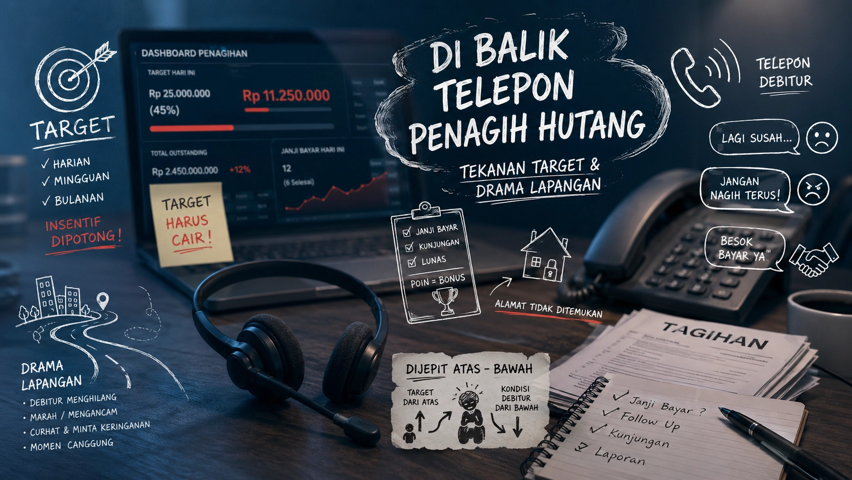 Ilustrasi meja kerja dan perangkat komunikasi penagih hutang dengan target