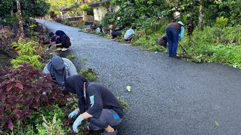 Gambar 2. Pembersihan rumput liar dan penanaman bunga