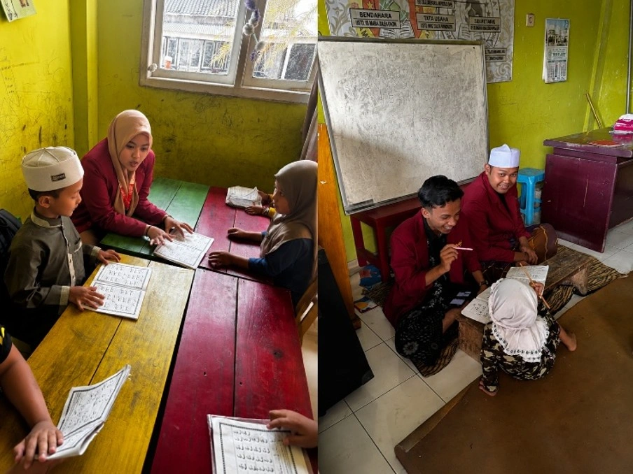 Gambar 3. Mahasiswa KKN-Berdampak 119 UMM mendampingi dan menyimak bacaan Iqra atau Al-Qur’an anak-anak.